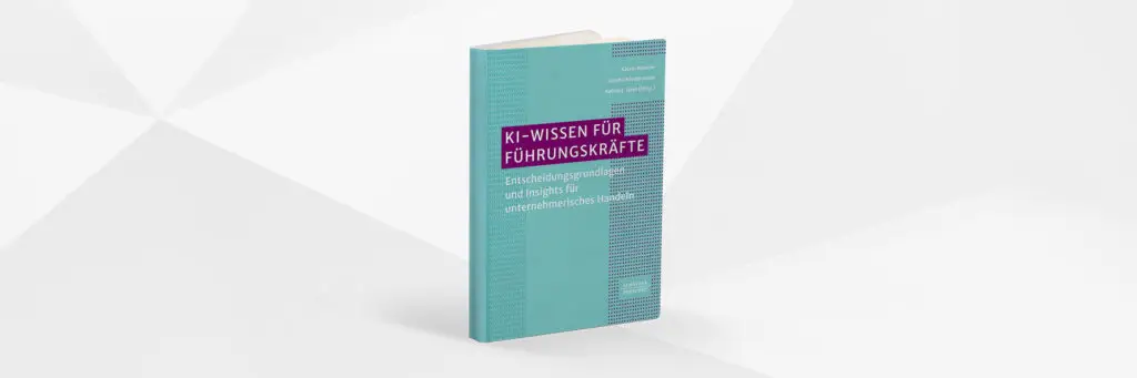 Buch "KI-Wissen für Führungskräfte" mit türkisfarbenem Cover und violettem Titelbanner.