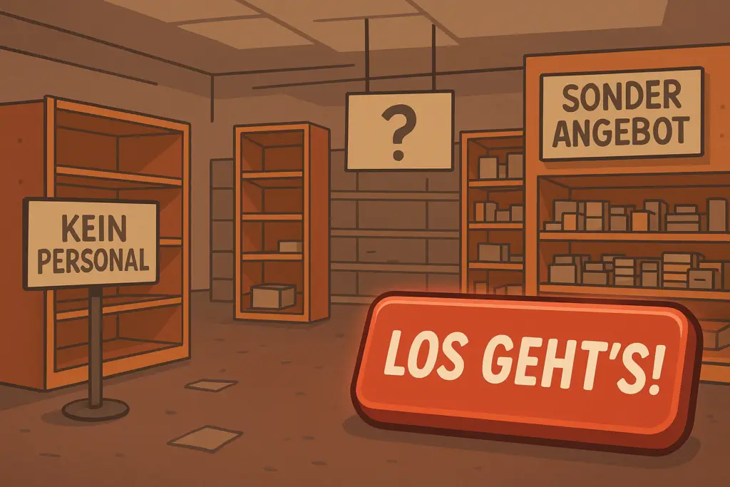 Illustration eines unübersichtlichen Ladens mit leeren Regalen, einem „Kein Personal“-Schild, einem großen Button „Los geht’s!“ und einem Fragezeichen-Schild.