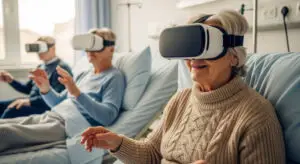 KI in der Altenpflege: Senioren im Pflegeheim nutzen VR-Brillen im Bett für Aktivierung und Therapie