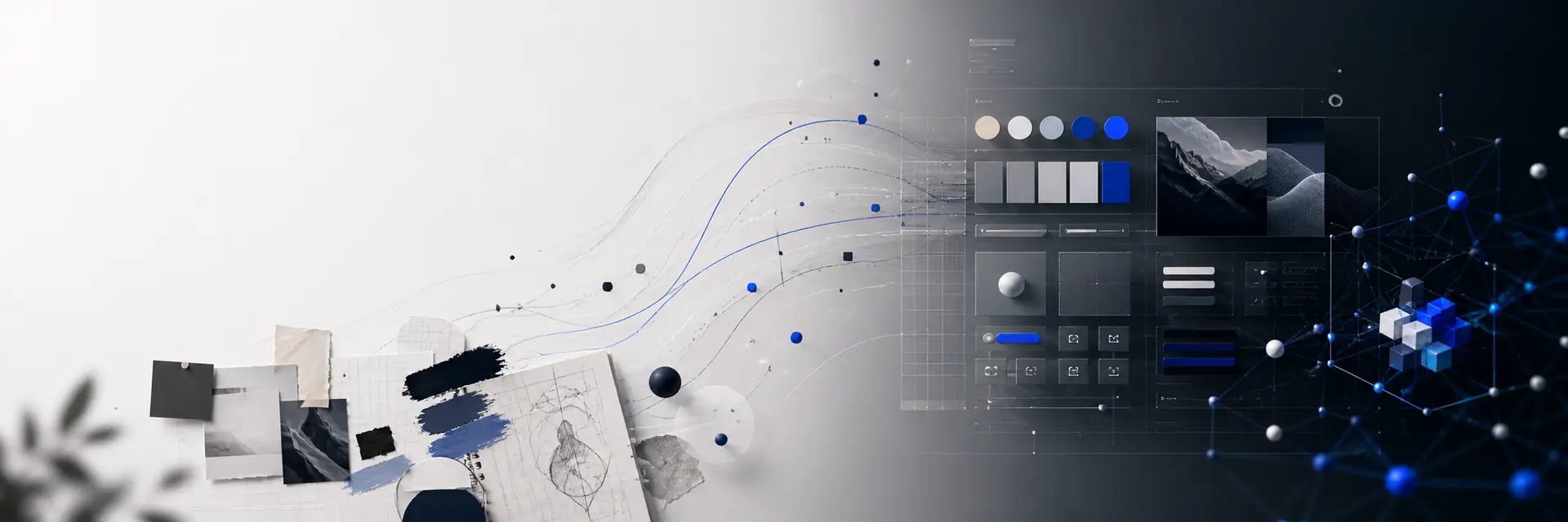 Key Visual zu Corporate Identity und KI mit Moodboard, Designsystem, Design Tokens und digitalem Netzwerk