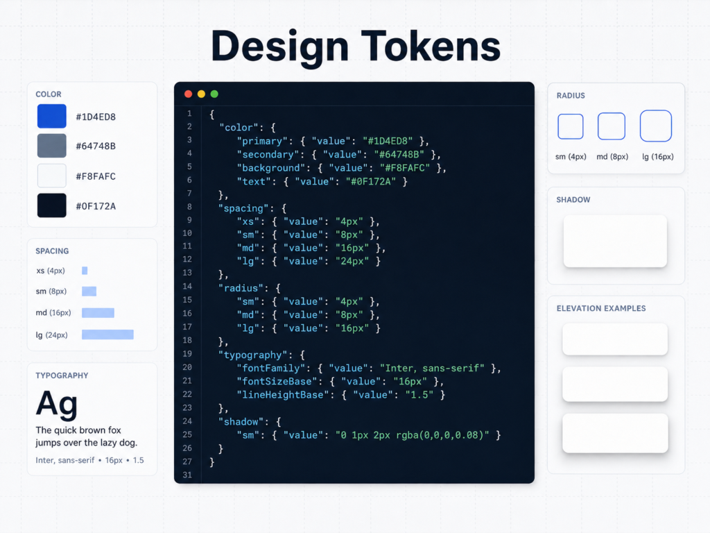 Visualisierung eines JSON-Objekts mit typischen Design Tokens für Farben, Abstände, Typografie, Radius und Schatten.