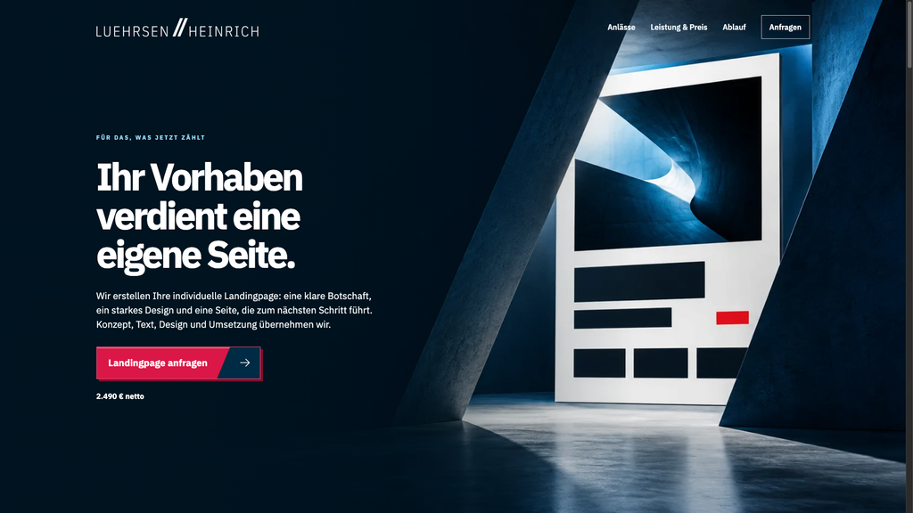 Screenshot des Landingpage-Pakets von Luehrsen // Heinrich mit Leistungsübersicht und Festpreis von 2.490 € netto.